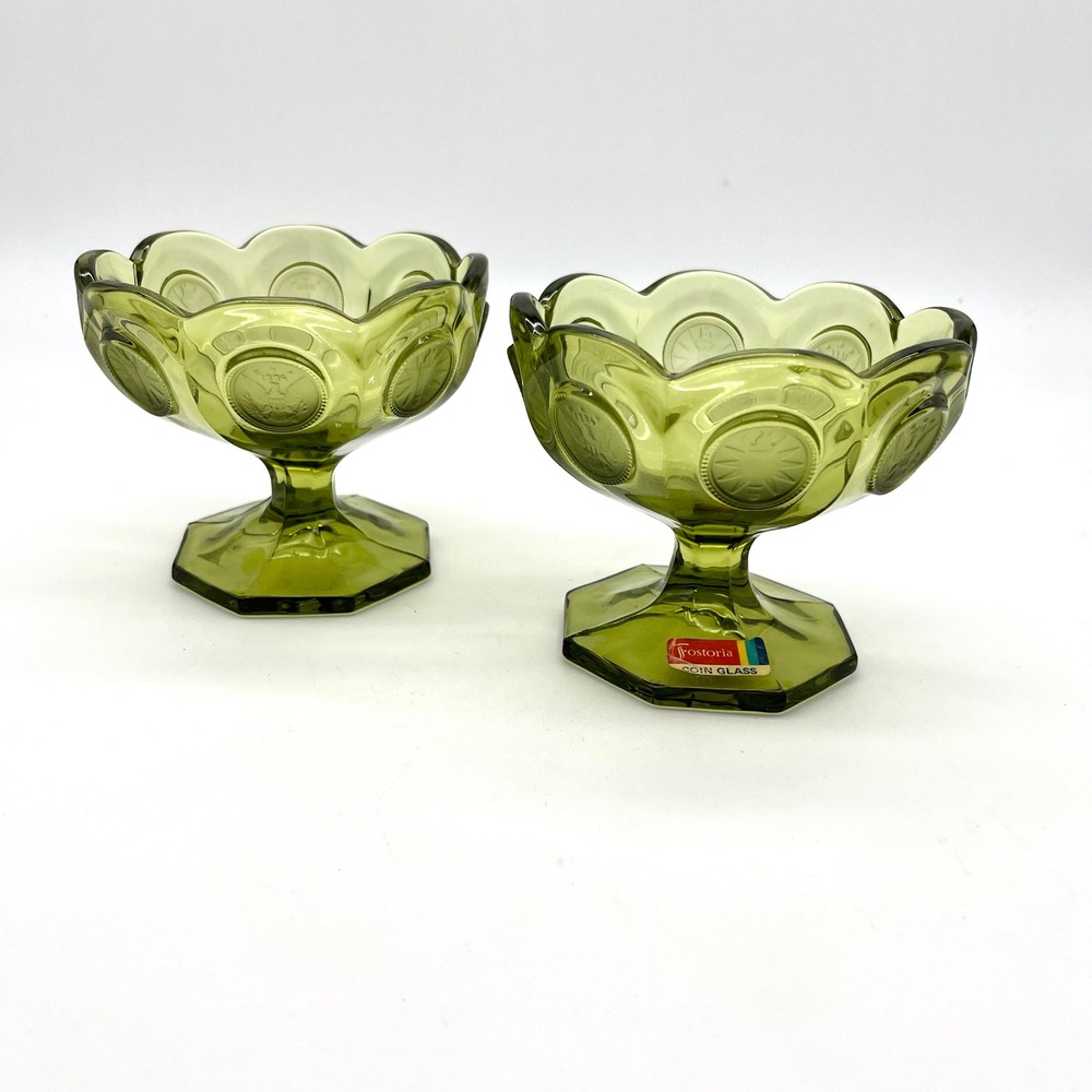 Fostoria Coin Glass Olive Green Compotes Pedestal Candy Dishes Set of 2
